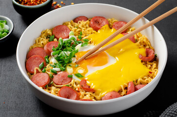 Ramen Noodles with Sausages, Egg, Melted Cheese and Scallion, Microwave Shin Ramyeon or Ramyun on Dark Background