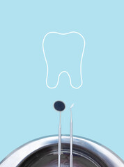 Different tools for dental care in woman hand with thin linear tooth outline icon. Tooth symbol...