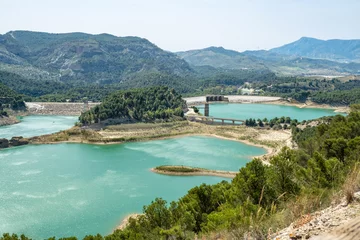 Tragetasche Dams in Andalucia, Southern Spain, suffering from water shortage and low water levels  seen from the Tres Embalses (three dams) viewpoint on the Guadalhorce river © Roel