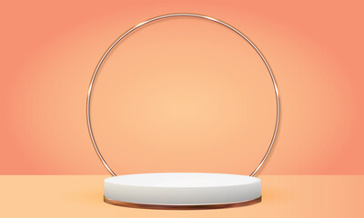 Orange, pink cylinder pedestal podium display, Abstract modern scene products light display. Pink show cosmetic product, rendering 3d shape for products display presentation. Pastel minimal wall scene