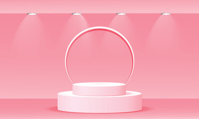 Abstract modern scene products light display. Pink show cosmetic product, Podium, stage pedestal or platform. 3d rendering podium. Cylinder podium on pink background.  