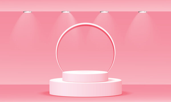 Abstract modern scene products light display. Pink show cosmetic product, Podium, stage pedestal or platform. 3d rendering podium. Cylinder podium on pink background. © Designstockio
