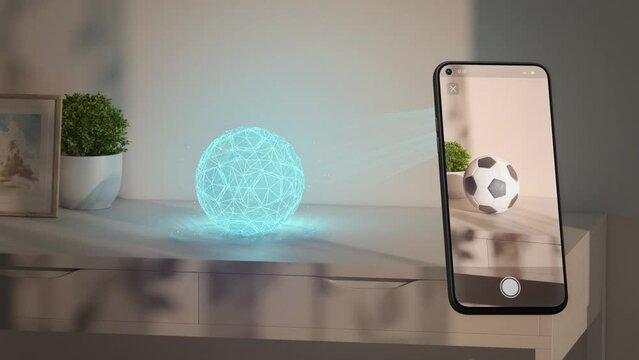 Soccer ball hologram stand on table phone display augmented reality
