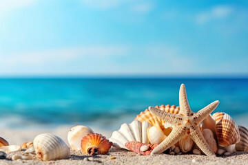 Fototapeta na wymiar Summer beach with strafish and shells, generative ai
