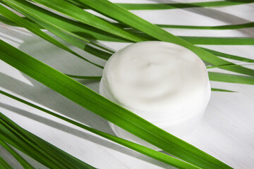 white cosmetic cream on a white wooden background surrounded by long green leaves