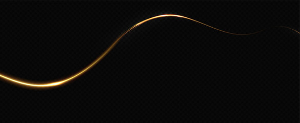 Golden glowing swirl. The effect of moving at the speed of light. Easy trail. Shiny wavy path. Vector.Neon light.