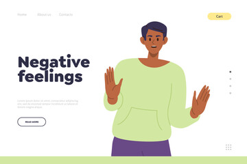 Negative feelings concept for landing page template with worried man character gesturing refuse