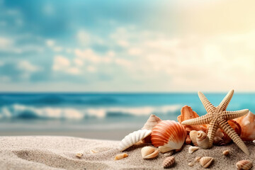 Fototapeta na wymiar Summer beach with strafish and shells, generative ai