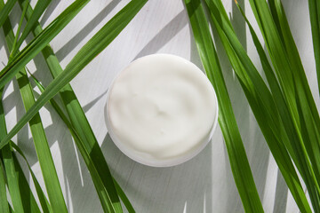 white cosmetic cream on a white wooden background surrounded by long green leaves