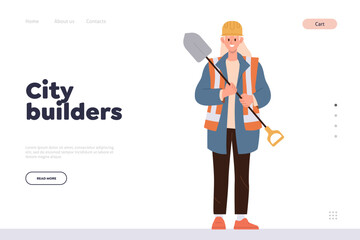 City builders landing page design template offering professional service of industrial workers team