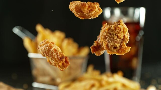 Super slow motion of flying fried chicken pieces with french fries and cola drink. Filmed on high speed cinema camera, 1000fps, placed on high speed cine bot. Camera in motion, following objects.