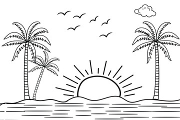 Summer sunset tropical beach line art vector illustration, hand drawn sunset and sunrise outline landscape tropical beach, palm tree with sunset waves Nature view, Kids drawing Beach coloring pages 

