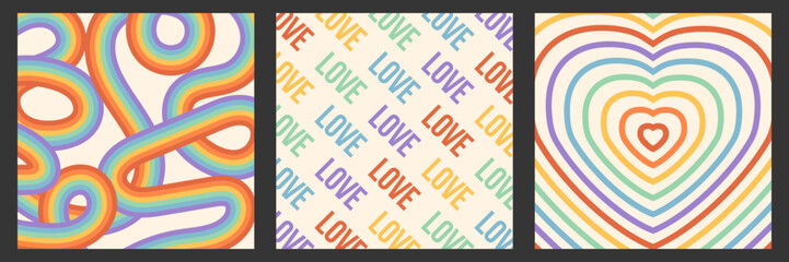 Rainbow colorful abstract square banners set. Funky backgrounds for LGBT pride month. Retro groovy social media post template