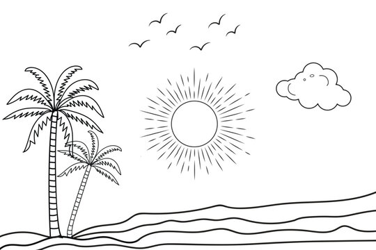 Summer sunset tropical beach line art vector illustration, hand drawn sunset and sunrise outline landscape tropical beach, palm tree with sunset waves Nature view, Kids drawing Beach coloring pages 

