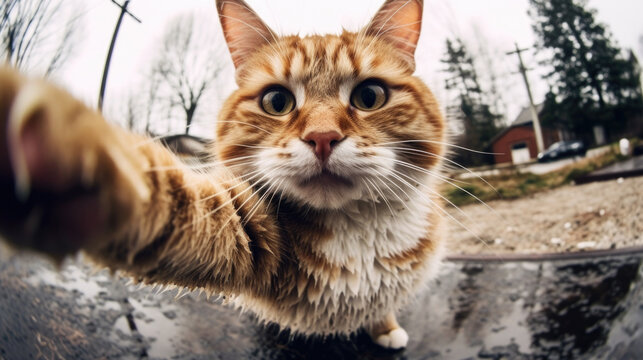 The cat takes a selfie, takes a picture on the phone, the effect of a fisheye. city AI generated.