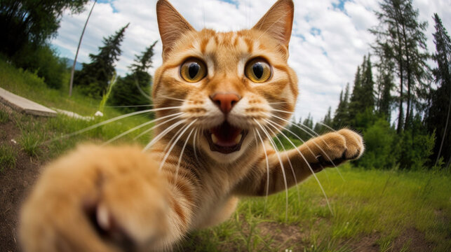 The cat takes a selfie, takes a picture on the phone, the effect of a fisheye. AI generated.