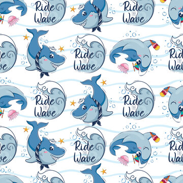 Seamless pattern with cartoon sharks swimming among the sea waves and the inscription ride the wave in a flat style.