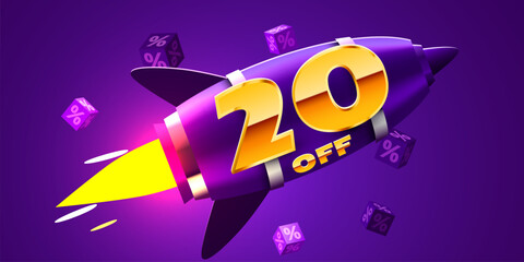 20 percent Off. Discount creative composition with rocket. Mega Sale.