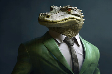 Portrait of a Crocodile dressed in a formal business suit, created with generative AI