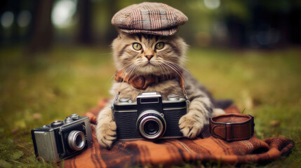 Stylish cat with a retro camera in the park taking pictures, photographer, reporter. AI generated.