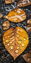 dry autumn leaf, fallen to the ground, with water drops, generative ai