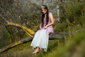 una mujer hermosa con un vestido ligero se sienta en una rama de un  arbol y sobre su cabeza lleva una corona en los rayos del sol poniente