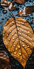 dry autumn leaf, fallen to the ground, with water drops, generative ai
