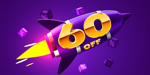 60 percent Off. Discount creative composition with rocket. Mega Sale.