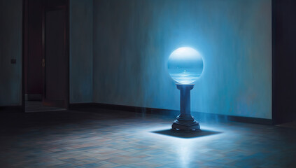 Glass ball on the wall in a dark room. 3D rendering Generative AI