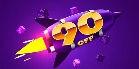 90 percent Off. Discount creative composition with rocket. Mega Sale.