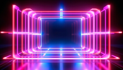 3D abstract background with neon lights. Neon tunnel. Space construction. 3D illustration