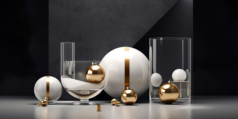 3D render of an abstract composition with white and gold balls in a glass vase on a black background. Generative AI