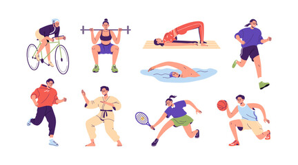 Different physical activities, do sports set. People cycling, jogging, swimming, exercising, playing tennis, basketball, running. Flat graphic vector illustrations isolated on white background - obrazy, fototapety, plakaty