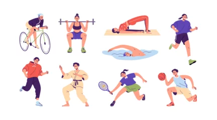 Zelfklevend Fotobehang Different physical activities, do sports set. People cycling, jogging, swimming, exercising, playing tennis, basketball, running. Flat graphic vector illustrations isolated on white background © Good Studio