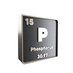  Phosphorus  chemical element  black and metal  icon  with  atomic mass and atomic number. 3d render illustration.