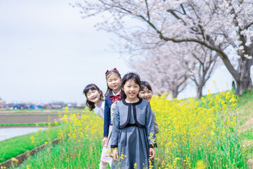 Fototapeta premium お花畑で仲良く遊ぶ小学生の女の子