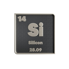 Silicon chemical element  black and metal  icon  with  atomic mass and atomic number. 3d render