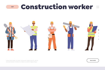 Construction worker landing page design template offering professional staff architectural service