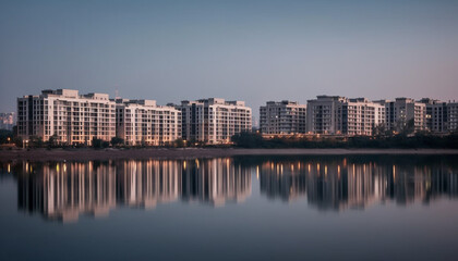 Fototapeta na wymiar Tranquil waterfront silhouette at dusk, modern city skyline illuminated generated by AI
