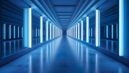 Fototapeta premium Futuristic corridor with blue neon lights, 3D render illustration Generative AI
