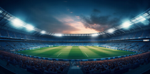 stadium light football sport goal arena soccer green world game. Generative AI.