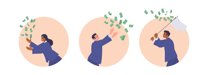 Set of business people characters catching falling money cash from air round cartoon composition