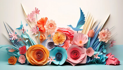 Paper flowers and origami birds on blue background. 3D rendering. Generative AI