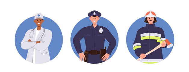 Fototapeta premium Composition set with doctor, policeman and firefighter people characters life saving professions