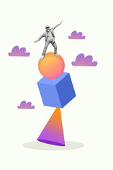 Photo collage artwork minimal picture of funky carefree senior guy having fun dancing 3d figures...