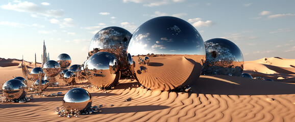 3D rendering of a fantasy landscape with glass balls in the desert. Generative AI