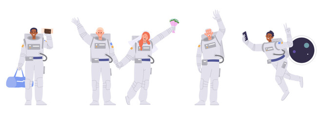 Set of cartoon astronaut and cosmonaut in spacesuit people characters in various action and emotions © Iryna Petrenko