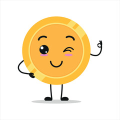 funny coin cartoon blink eyes and say okay with hand. medal activity vector illustration flat design.