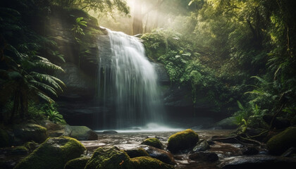Tranquil scene of flowing water in tropical rainforest, beauty in nature generated by AI