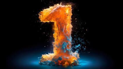 Number 1 in fire, isolated on black background. 3D illustration. Generative AI